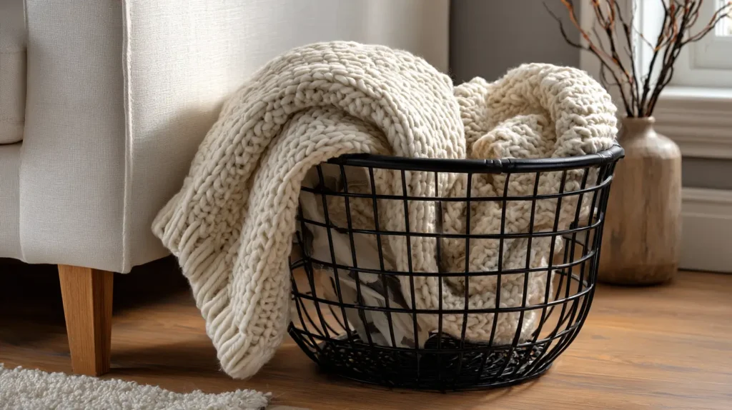 basket holding a blanket near couch