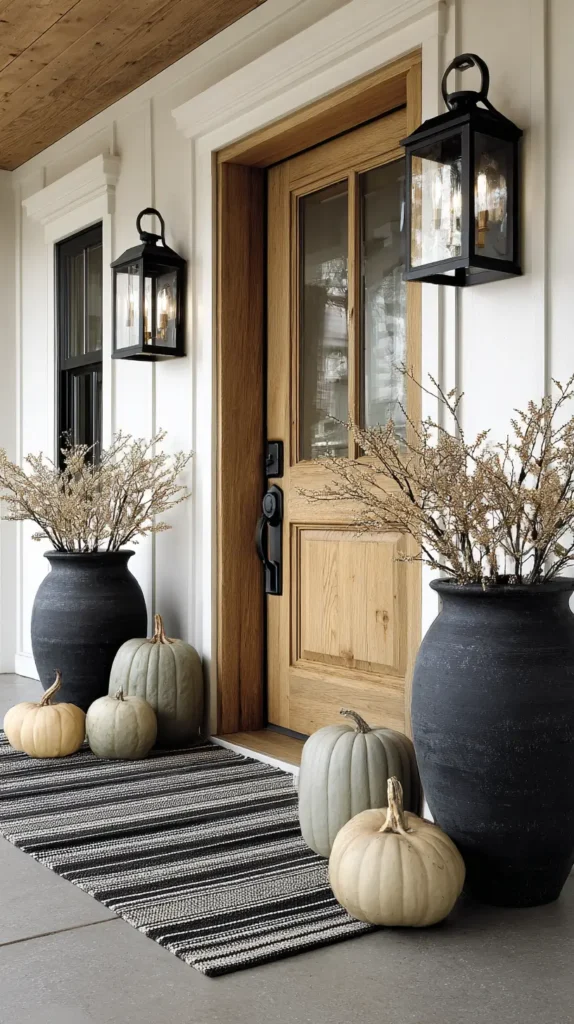 pumpkins near door with tall black vases