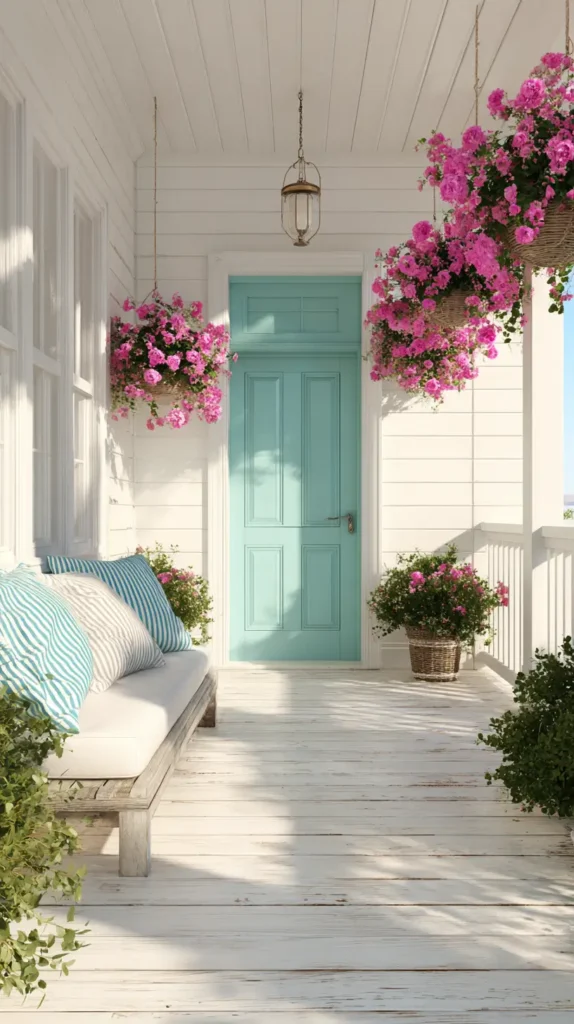 teal front door with pink flowers in hanging planters