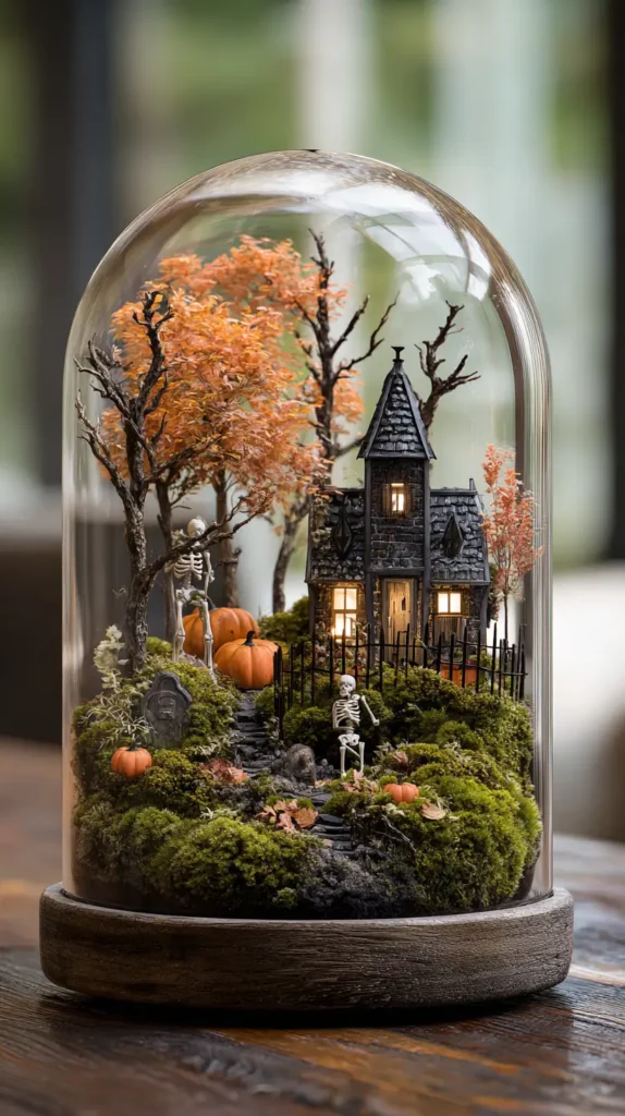 hyper-realistic photo of a small glass dome terrarium with a miniature haunted house scene inside, featuring a moss-covered base, twisted branch trees, and tiny black fence, a skeleton figure leaning against the fence, surrounded by scattered fall leaves and miniature pumpkins on a rustic wood table, moody fall background with crisp, bright, white lighting; image needs a high bright exposure, no shadows