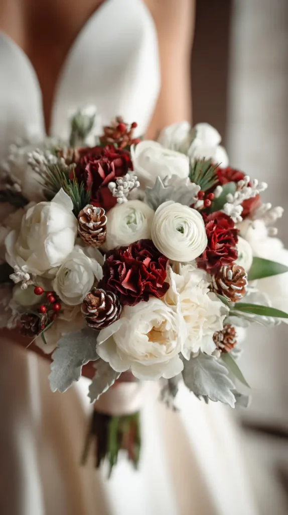 winter wedding flower bouquet held by the bride
