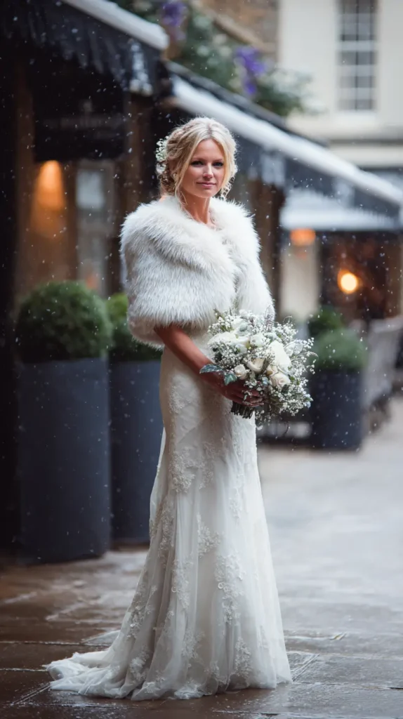 bride with a winter white fur shawl on