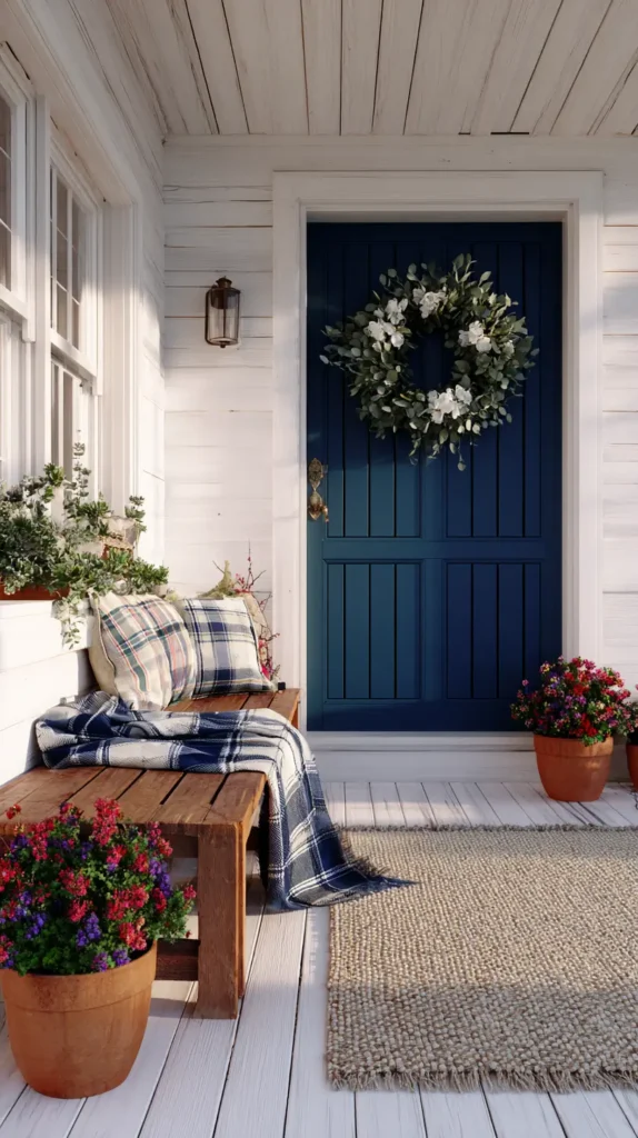 navy blue door, bench, plants, blanket