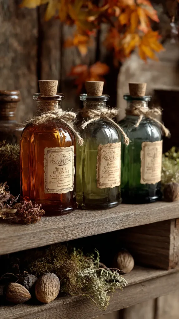 hyper-realistic photo of a set of vintage-style potion bottles in amber, smoky gray, and deep green glass, each with aged paper labels and tied with twine, displayed on a rustic wood shelf with dried herbs, moss, and scattered acorns, soft fall leaves in the background, crisp, bright, white lighting; image needs a high bright exposure, no shadows