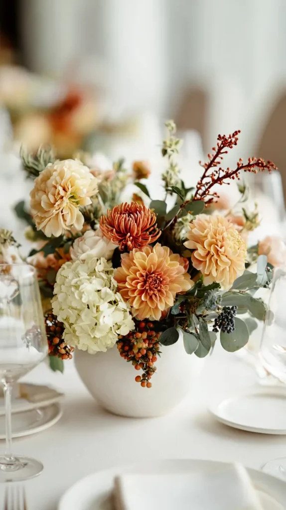 white vase with autumn color flowers inside