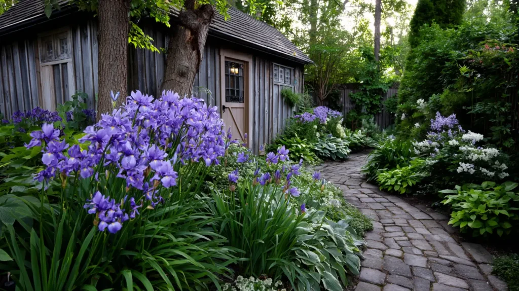purple flowers, wooden shed, backyard