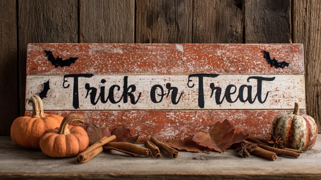hyper-realistic photo of distressed wooden signs in natural wood tones and painted in burnt orange, white, and black, each with hand-painted seasonal phrases and simple Halloween motifs like bats and pumpkins, leaning casually against a wall with a scattering of cinnamon sticks and fall leaves at the base, set on a rustic wooden table, cozy fall background, crisp, bright, white lighting; image needs a high bright exposure, no shadows