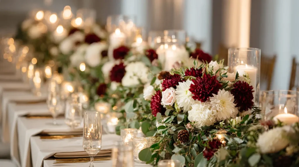 winter wedding flowers, hyper-realistic photo of a long winter wedding reception table styled with lush cedar garlands, eucalyptus leaves, pinecones, and clusters of creamy white carnations and deep burgundy chrysanthemums, scattered with clear glass candles glowing faintly, table set with simple ivory linens and gold flatware, background softly blurred in neutral tones to keep focus on flowers and greenery, crisp bright white lighting, image needs a high bright exposure, no shadows
