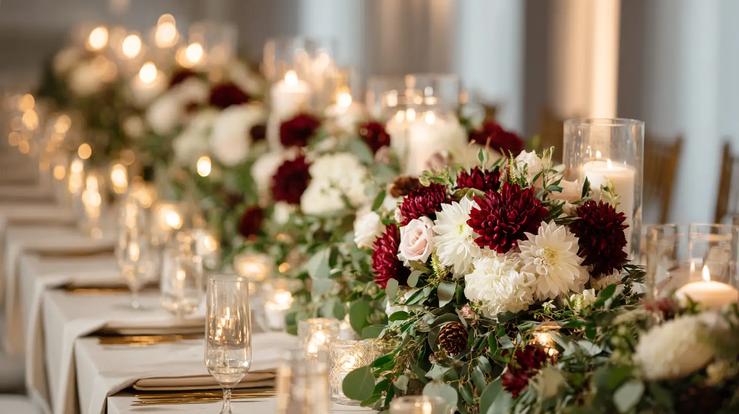 winter wedding flowers, hyper-realistic photo of a long winter wedding reception table styled with lush cedar garlands, eucalyptus leaves, pinecones, and clusters of creamy white carnations and deep burgundy chrysanthemums, scattered with clear glass candles glowing faintly, table set with simple ivory linens and gold flatware, background softly blurred in neutral tones to keep focus on flowers and greenery, crisp bright white lighting, image needs a high bright exposure, no shadows