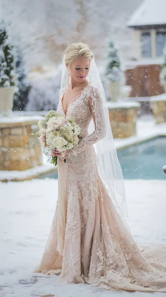 bride outside in the snow