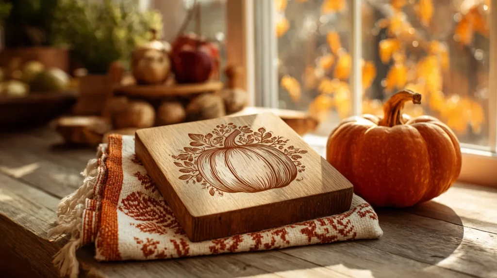 pumpkin engraved on a wooden cutting board