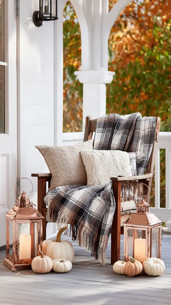 chair outside with a blanket on it and pumpkins nearby