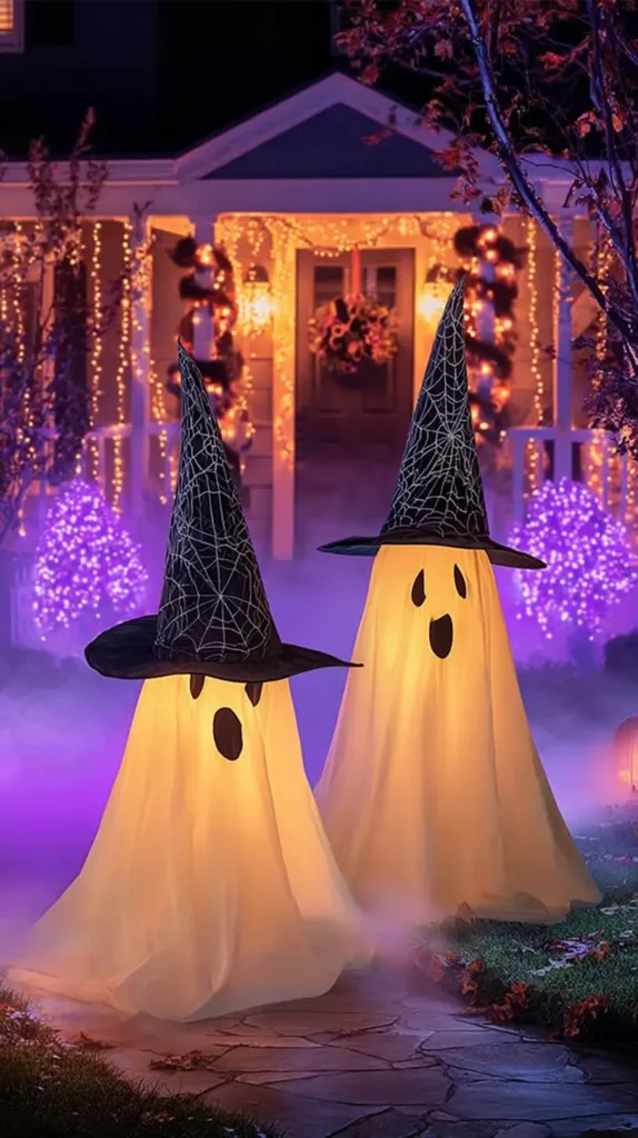 2 ghosts outside of the front porch for Halloween decor