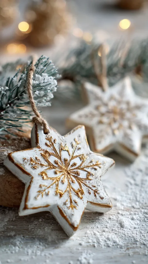 A close-up of rustic farmhouse-style Christmas wooden ornaments shaped like stars and snowflakes, painted white with gold edges, styled on a light wooden counter with pine sprigs, bright studio lighting, glossy finish, crisp detail. Christmas wood crafts to sell. 