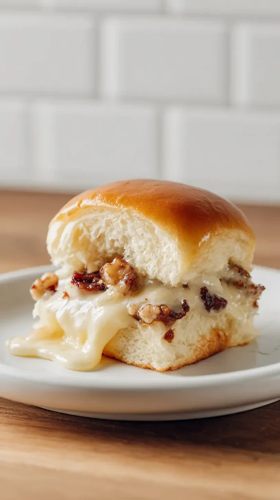 single maple bacon pecan brie slider on a white plate