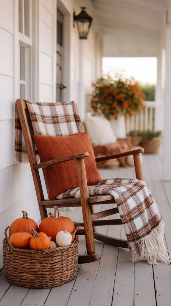 fall porch decorating ideas, rocking chair with blanket and pillow