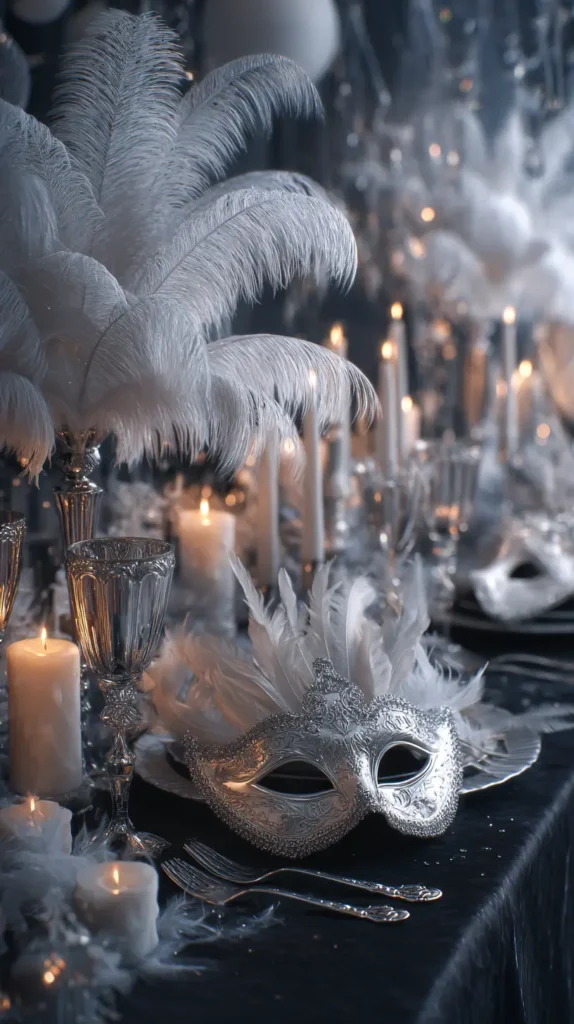 masquerade masks on a table with plates and glasses