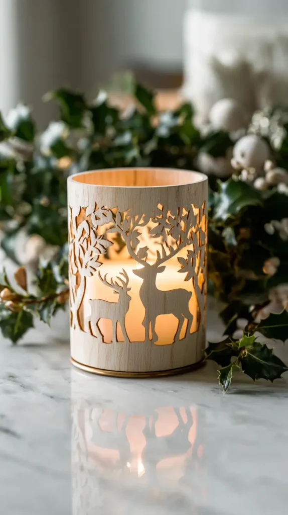 Chic Christmas wooden candle sleeve cover with cut-out reindeer silhouettes glowing from a candle inside, styled on a white marble counter with holly sprigs, bright crisp studio lighting, glossy finish, farmhouse glam aesthetic.