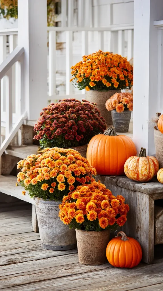 fall porch decorating ideas, flowers, pumpkins