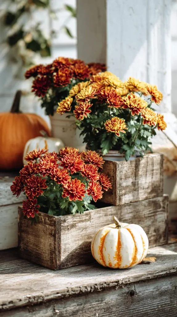 flowers in wooden boxes, pumpkins nearby