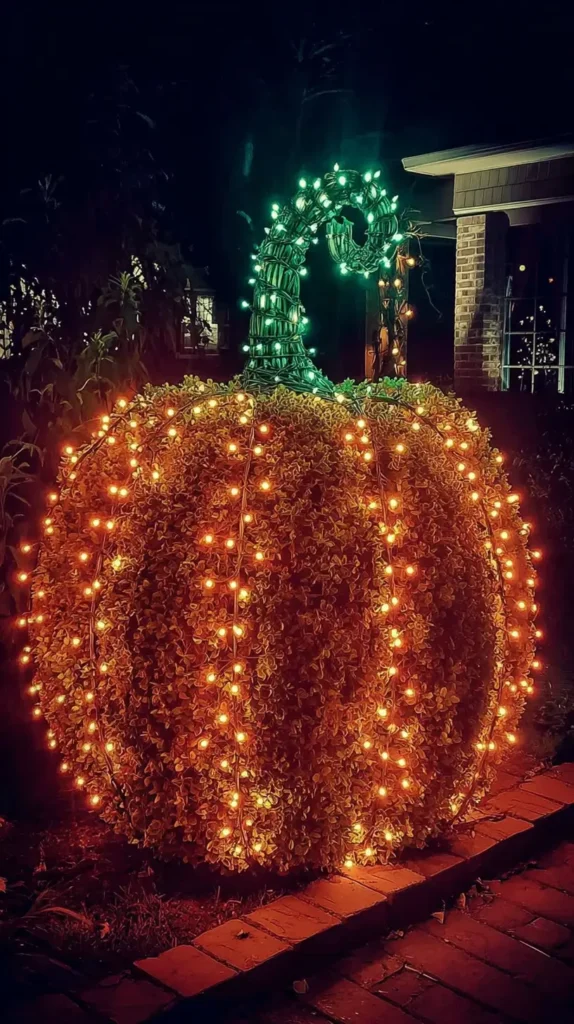 bush wrapped like a pumpkin in orange and green lights