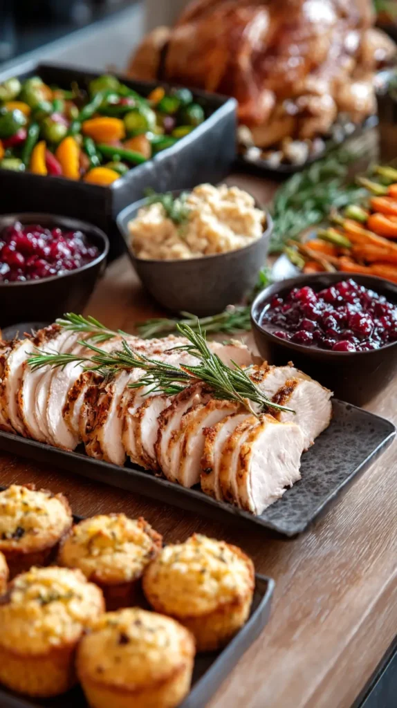 sliced turkey, corn muffins, vegetables