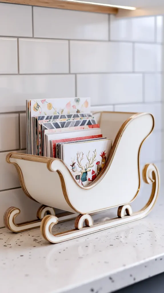 Wooden Christmas card holder shaped like a sleigh, painted matte white with gold accents, holding colorful holiday cards, styled against a crisp white tile backsplash, glossy finish, bright studio lighting.