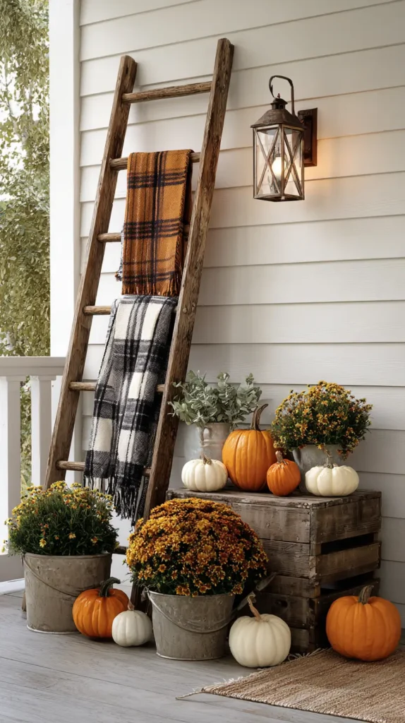 light, ladder, pumpkins, blankets, autumn aesthetic