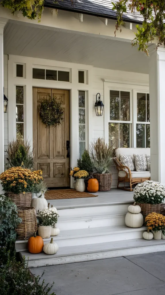wreath on the front door with pumpkins and surrounding decor 