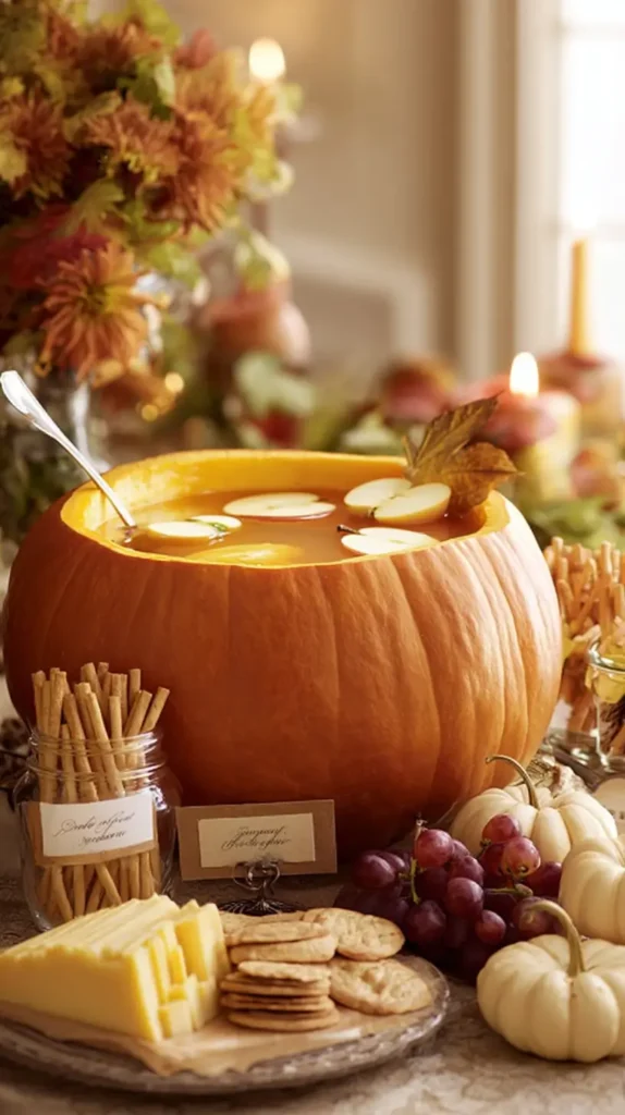 carved out pumpkin turned into a punch bowl