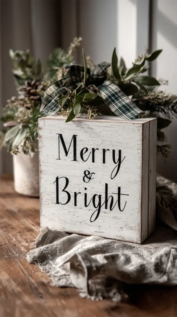 Farmhouse-style Christmas wooden sign reading “Merry & Bright” in black script, distressed whitewashed finish, styled with plaid ribbon and greenery, photographed on a rustic wooden counter, glossy finish, bright crisp studio lighting. Christmas wood crafts to sell. 
