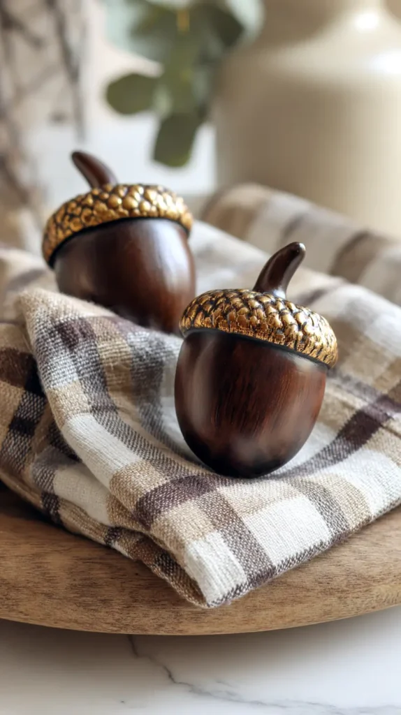 two small wooden acorns with gold tops