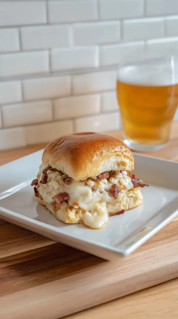 brie slider on a plate, next to a glass of beer