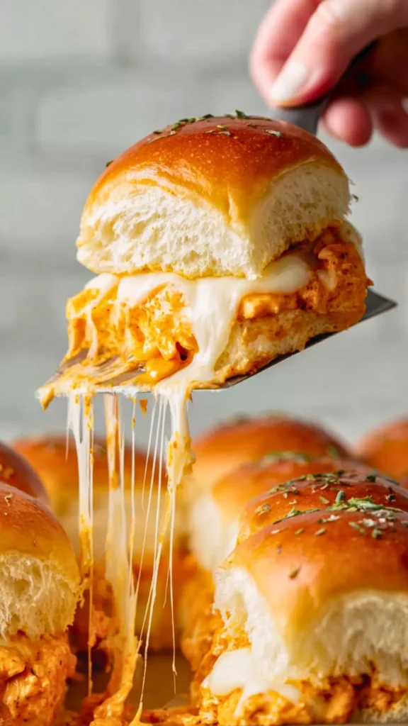 serving a buffalo chicken slider on a spatula 