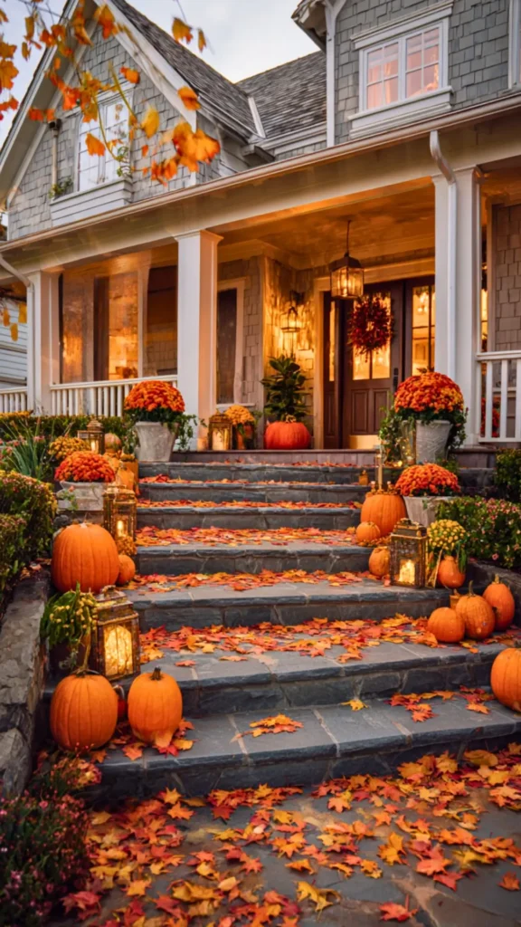 autumn house with pumpkins outside