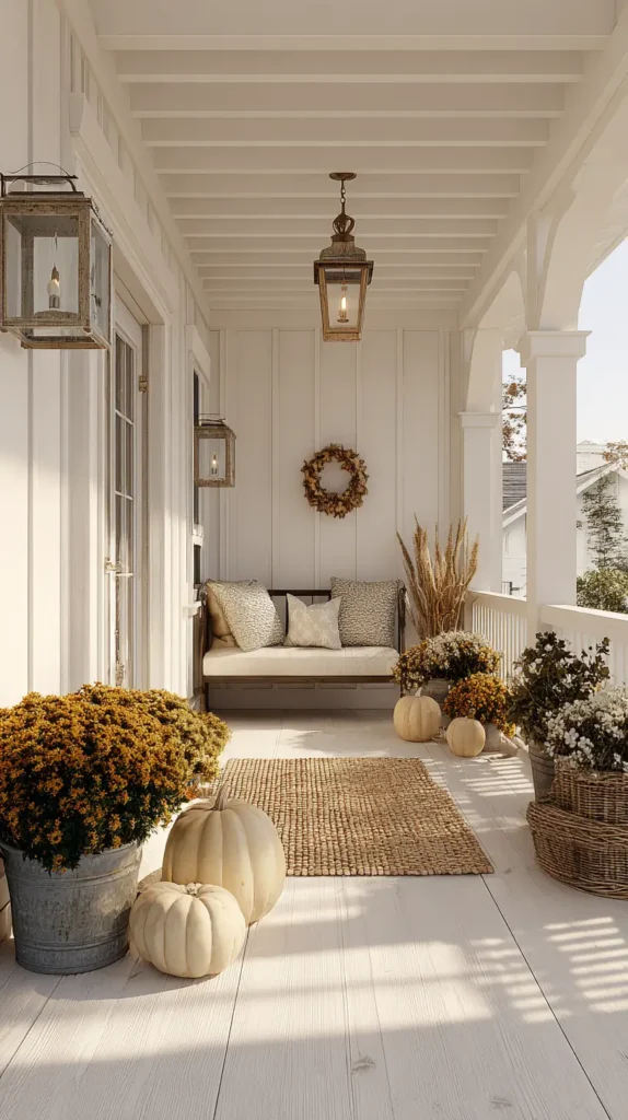 fall front porch decor, bench, flowers