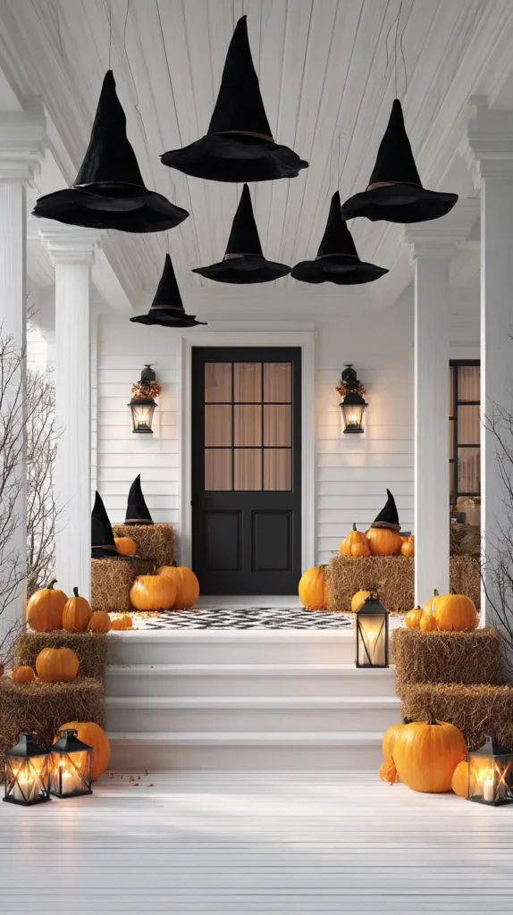 hats hanging from the outdoor porch ceiling, covered porch, Halloween decor