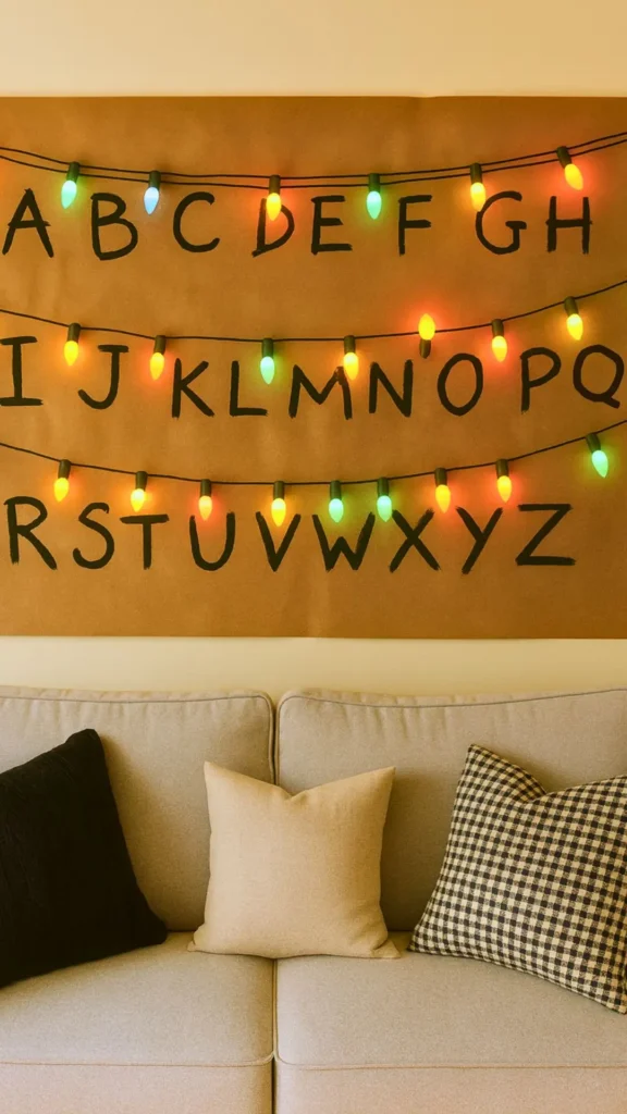 stranger things alphabet wall with Christmas lights
