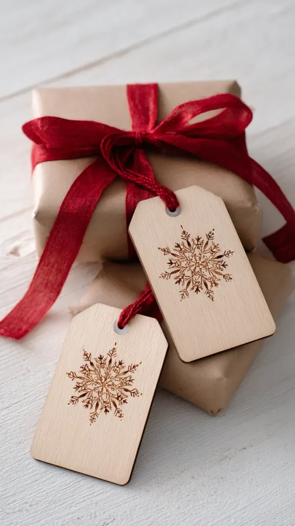 Chic wooden Christmas gift tags engraved with snowflake patterns, tied to wrapped kraft paper presents with red ribbon, styled flat lay on a white wooden table, glossy finish, bright studio lighting.