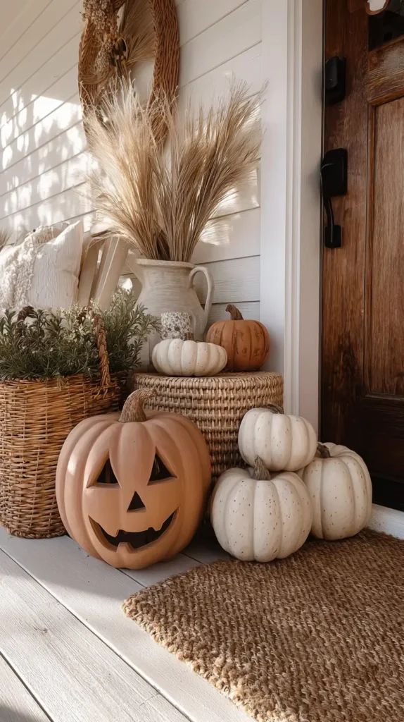 hyper-realistic photo of terra cotta pumpkins and carved jack-o-lanterns styled on a cozy front porch, surrounded by neutral-toned mini pumpkins in cream and muted peach, paired with woven baskets, dried pampas grass in a ceramic jug, and a textured jute rug on the floor, crisp bright white lighting, image needs a high bright exposure, no shadows 