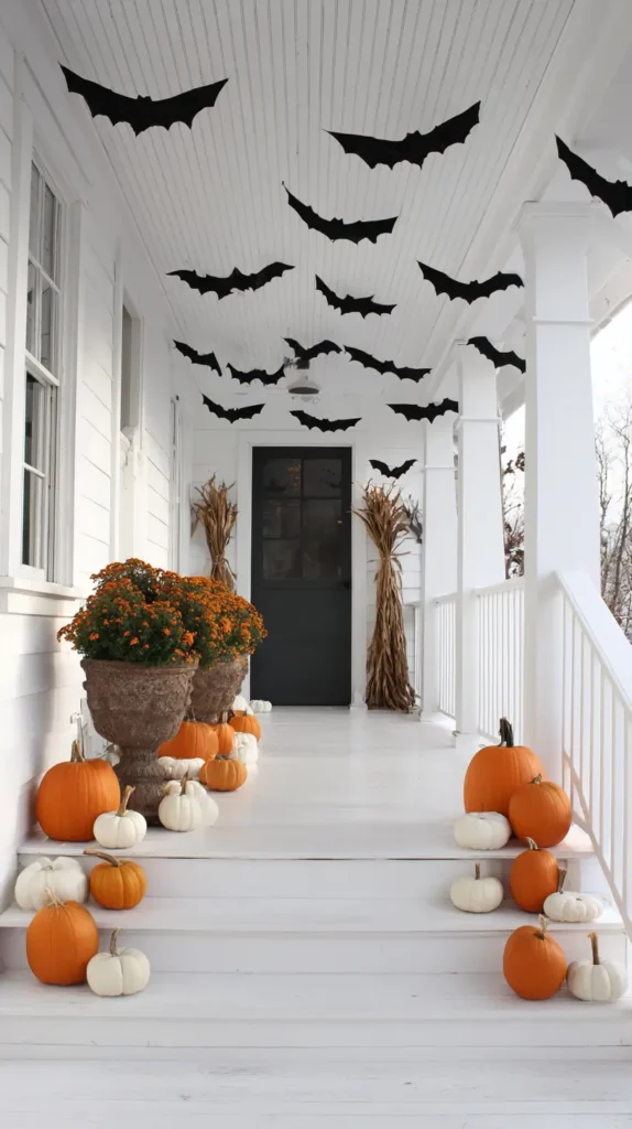 bats hanging from the porch ceiling Halloween decor