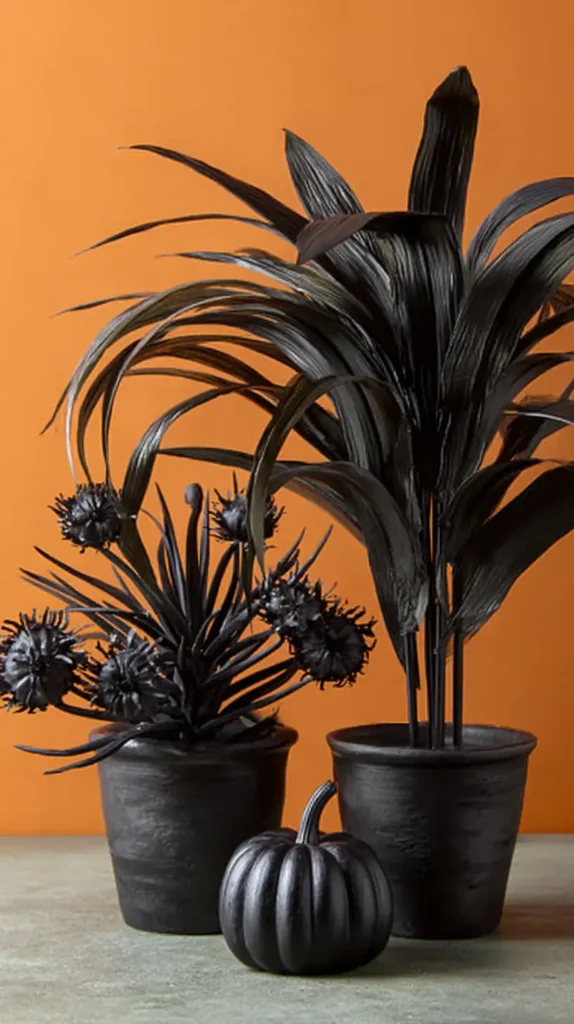 black plants and pumpkin, orange background
