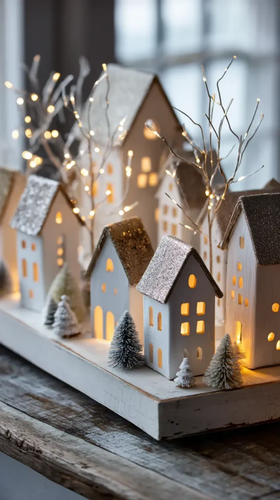 Set of mini Christmas wooden houses painted in white with glittery rooftops, arranged as a winter mantel village, styled with fairy lights, bright crisp studio lighting, modern farmhouse chic, glossy finish.