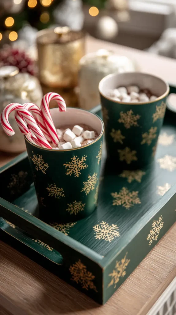 Glam Christmas wooden tray painted deep green with gold leaf snowflakes, styled with hot cocoa mugs and candy canes, photographed on a glossy white tile background, bright studio lighting, clean detail, chic farmhouse aesthetic.