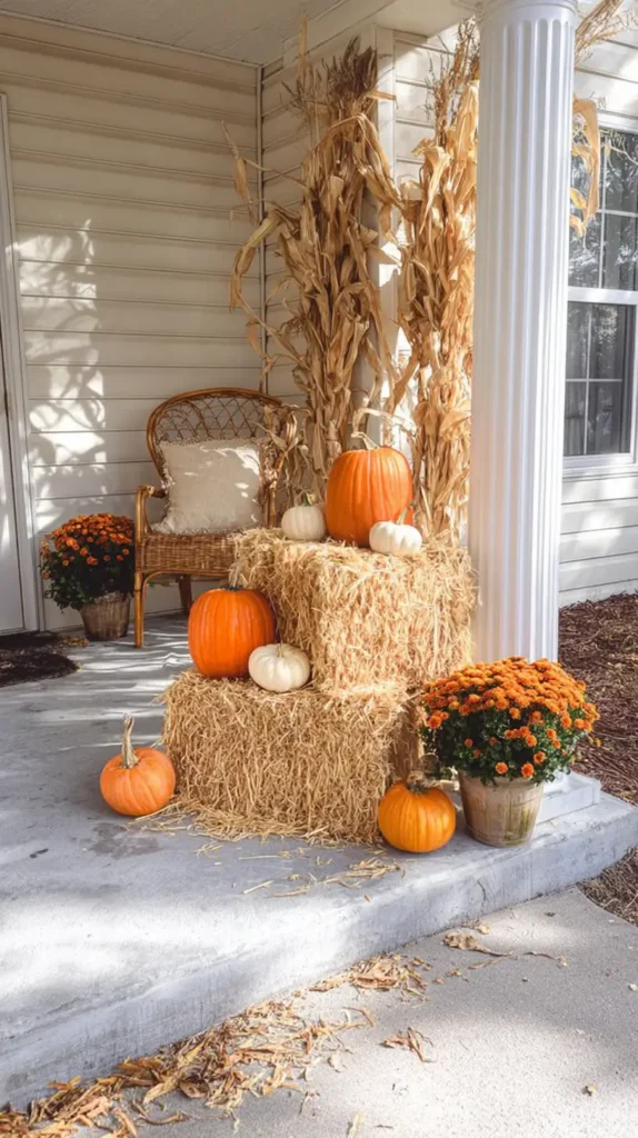 pumpkins with bales of hay