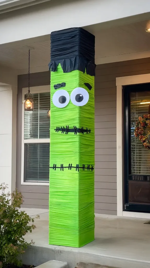 Halloween porch decor, Frankenstein decorated porch column