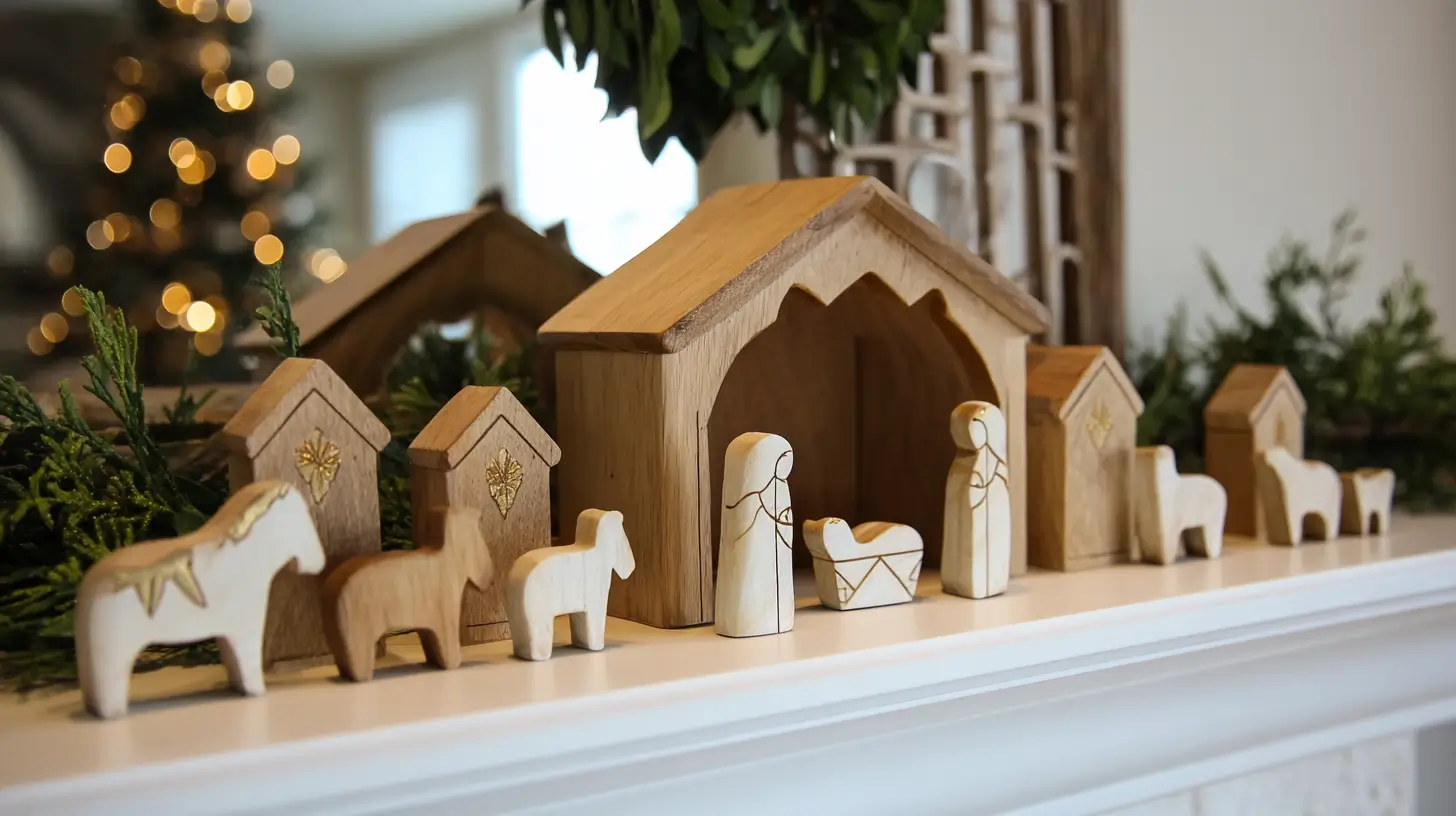 Wooden nativity block set with minimal silhouettes painted white and gold, arranged neatly on a mantel with greenery, photographed with crisp detail, glossy finish, bright studio lighting, modern farmhouse chic style.