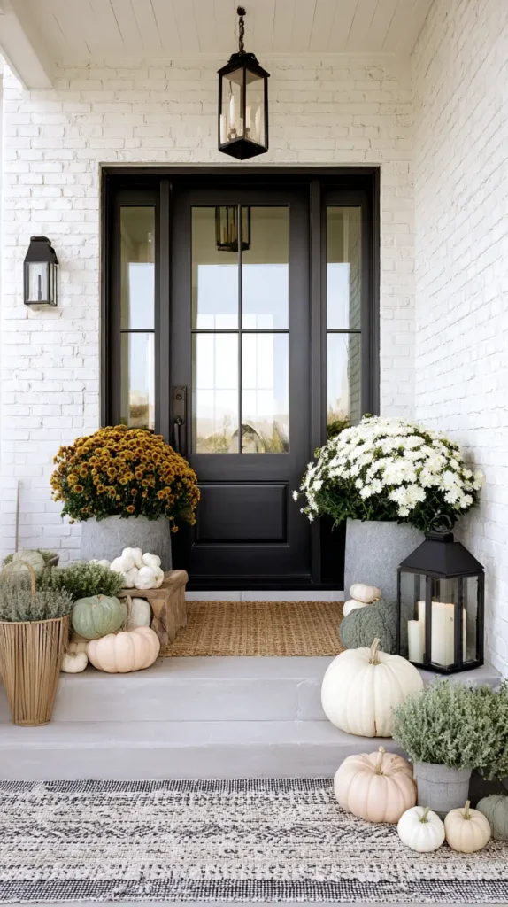 fall front porch decor, lanterns, pumpkins
