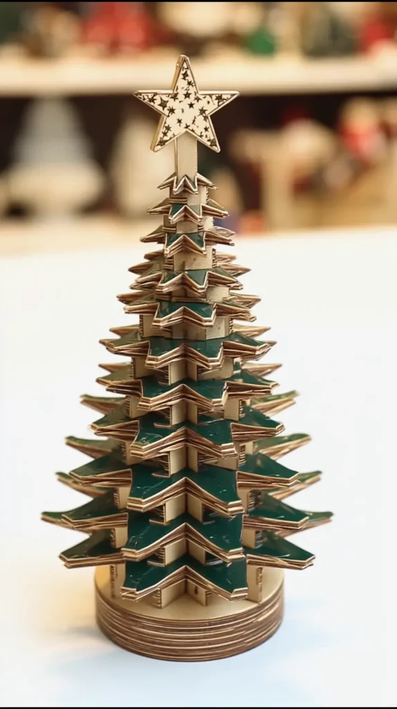 Wooden Christmas puzzle tree in stacked triangular layers, painted emerald green with a gold star topper, styled as tabletop décor with fairy lights, bright crisp studio lighting, glossy finish. Christmas wood crafts to sell. 