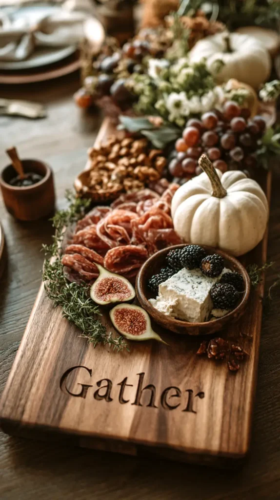 Wooden serving board engraved with “Gather” surrounded by charcuterie with figs, nuts, and pumpkins, glossy food styling, crisp detail, farmhouse-meets-glam vibe